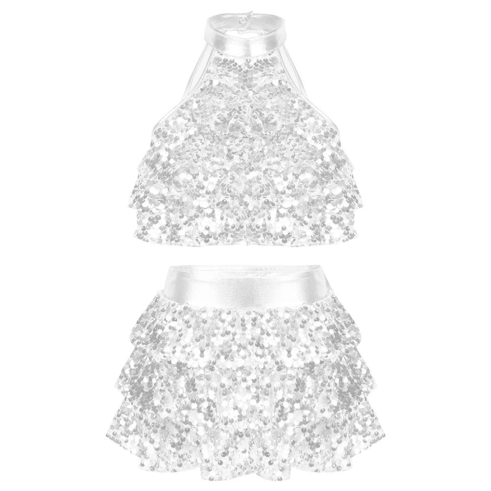 iiniim Girls Sequins Latin Jazz Salsa Ballet Dance Performance Dress Kids Crop Top with Tassel Tutu Skirt Dancewear Silver 9-10 Years