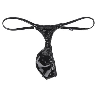 iiniim Mens's Low Rise Black Leather Bikini G-String Thong Lingerie with Open Pouch Mini Type B XX-Large