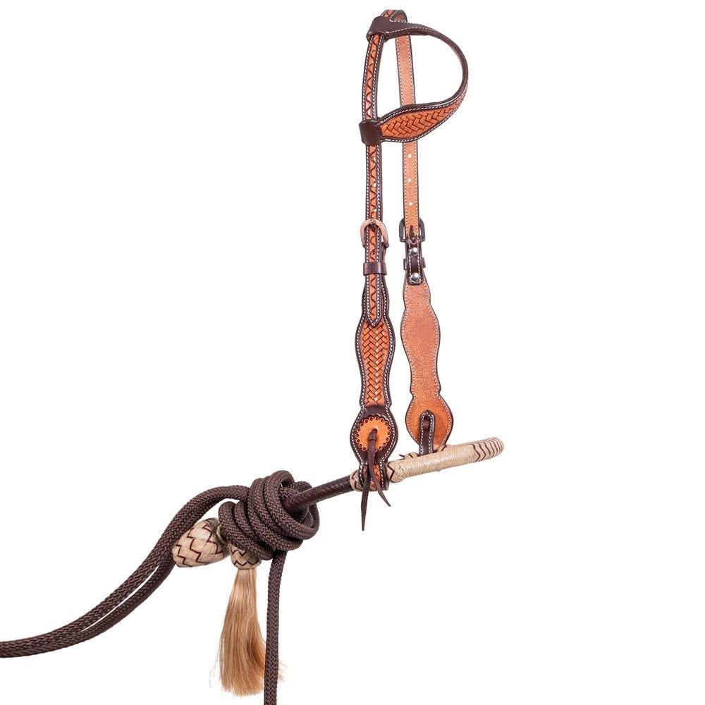 Schneiders Double S One Ear Bosal Set | Complete One Ear Bosal Set, Adjustable Size, Comfortable for Sensitive Noses, Basketweave Tooled Design, Soft Poly Mecate |