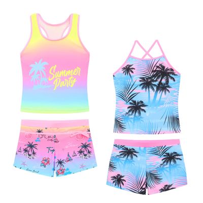 Akokvlar Girls Two Piece Bathing Suit Swimsuit Tankini Swimwear with Boyshort (10-11 Years, Rainbow Coconut Tree)