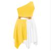 TiaoBug Kids Girls One Shoulder Color Block Praise Dance Dress Tunic Worship Robe Dress Lyrical Liturgical Costume Yellow 10 Years view 4