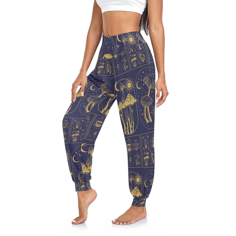 Aflyko Women Dance Pants Mushroom Hippie Moon Sun Boho Trousers Yoga Hip Hop Loose Fit Sweatpants Breathable Lounge Workout Harem Pants, M