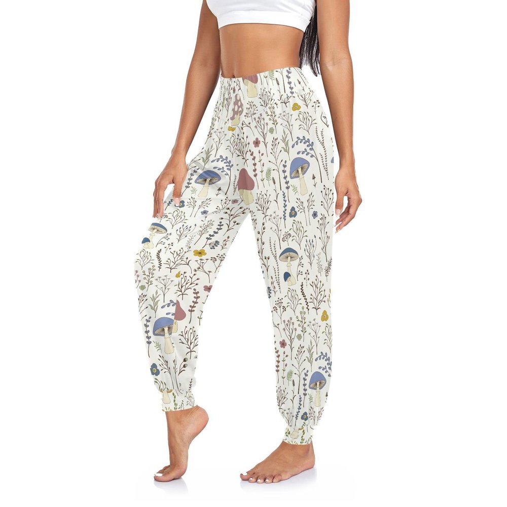 Aflyko Women Dance Pants Mushroom Herb Botanic Boho Trousers Yoga Sweatpants High-Waisted Workout Loose Fit Workout Harem Pants, XL
