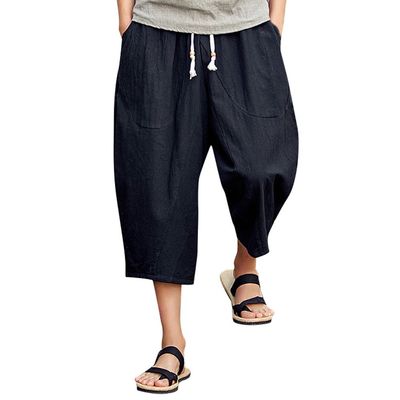 GOKKILRW Mens Linen Capri Pants Casual Baggy Harem Cropped Trouser Loose Outdoor Workout Joggers Lightweight Beach Yoga Pants(Black,4X-Large)