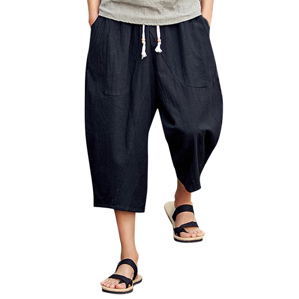 GOKKILRW Mens Linen Capri Pants Casual Baggy Harem Cropped Trouser Loose Outdoor Workout Joggers Lightweight Beach Yoga Pants(Black,4X-Large)
