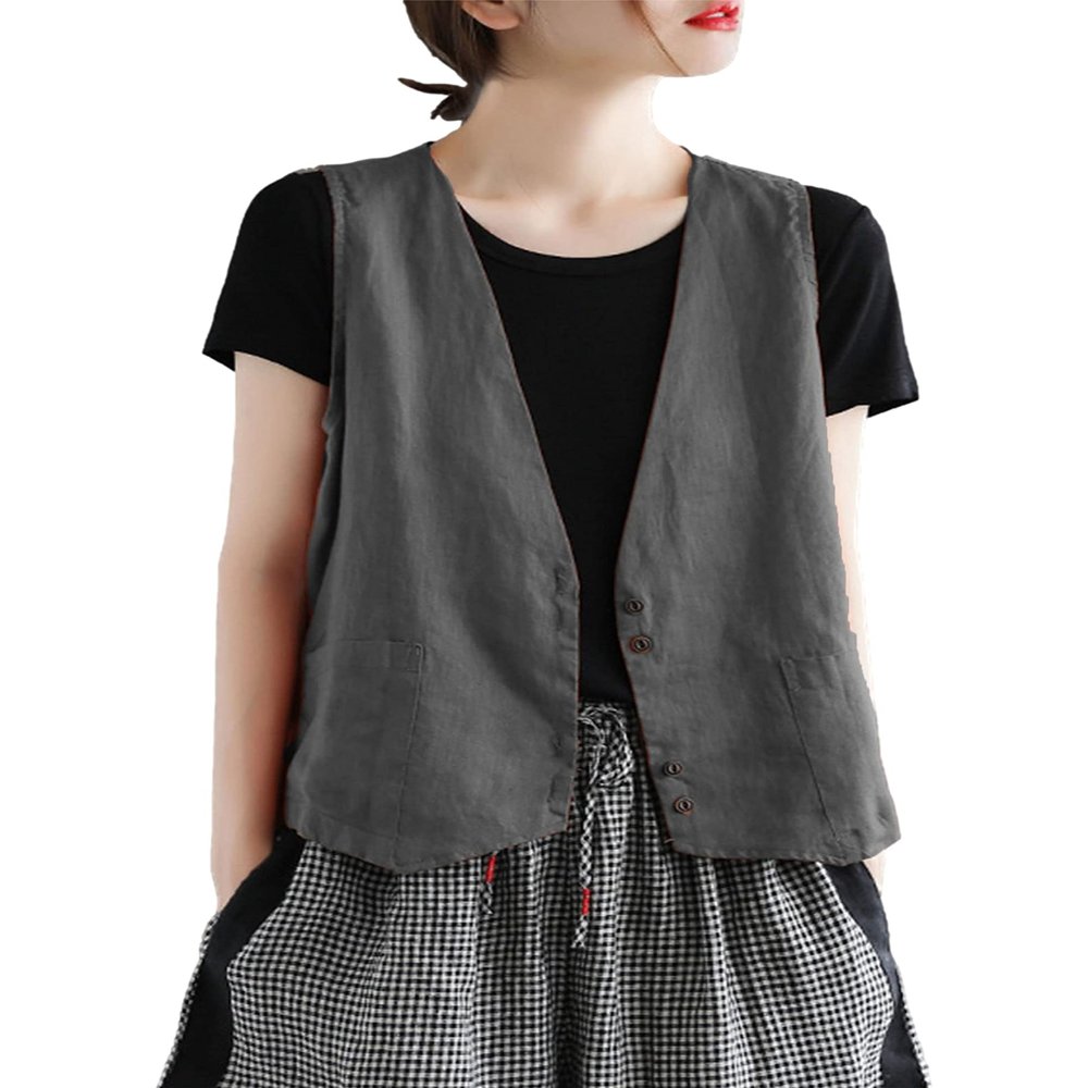 Bozanly Women's Sleeveless Button Down Vest Casual V Neck Cotton Linen Blazer Jacket with Pockets(0455-Gray-S)