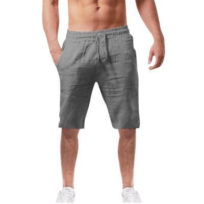 GOKKILRW Linen Beach Shorts for Men Loose Fit Cotton Bermuda Shorts Knee Length Summer Lightweight Workout Gym Yoga Shorts(Grey,Large)