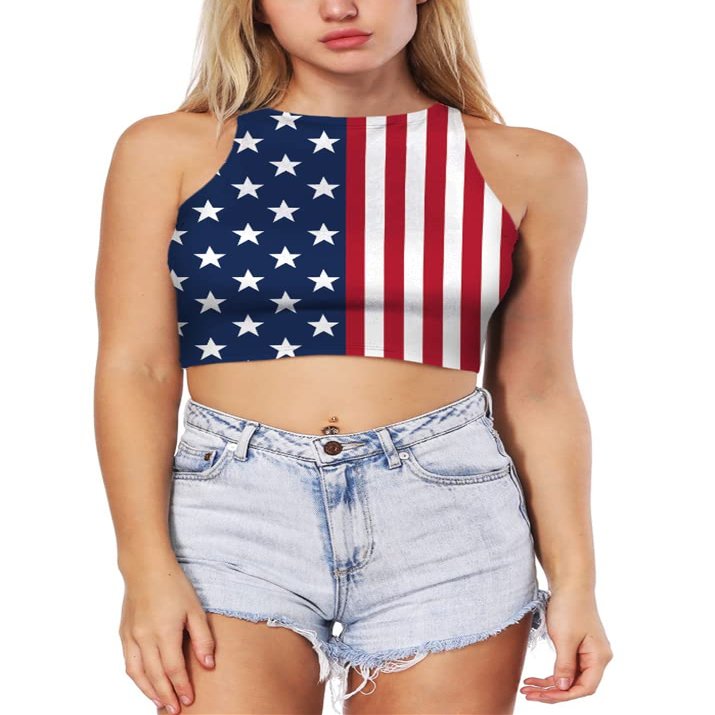 Ainuno 4th of July Crop Tops for Women American Flag Tank Top Women Blue Crop Top USA Shirts Teen Girls Fourth of July Tube Top Womens Cropped Tank Top Independence Day Outfits Patriotic Costume
