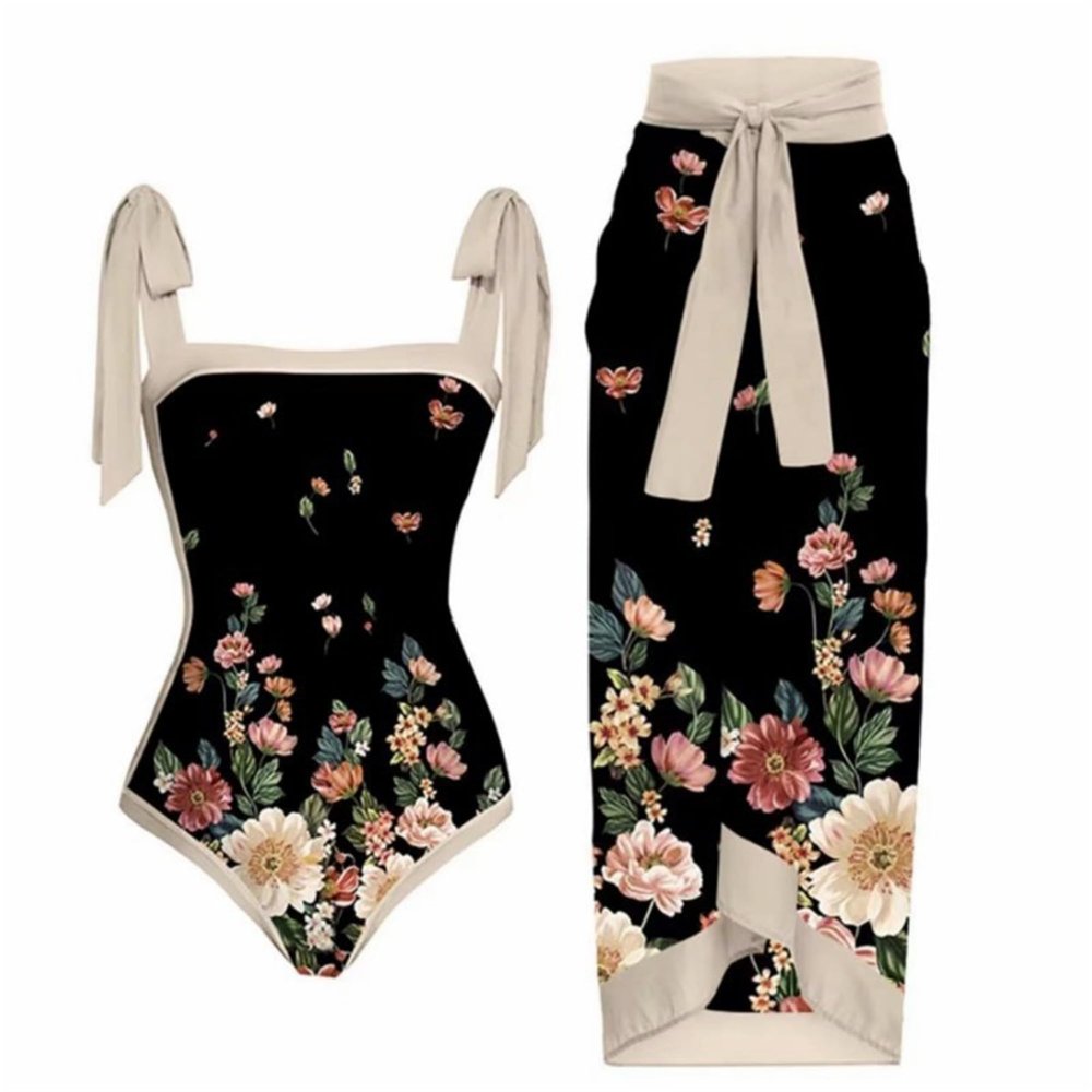 2 Pieces Women One Piece Swimsuit Retro Print Summer Beach Bathing Suit with Maxi Wrap Skirts.(L2-XL -Black)