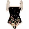 2 Pieces Women One Piece Swimsuit Retro Print Summer Beach Bathing Suit with Maxi Wrap Skirts.(L2-XL -Black) view 4