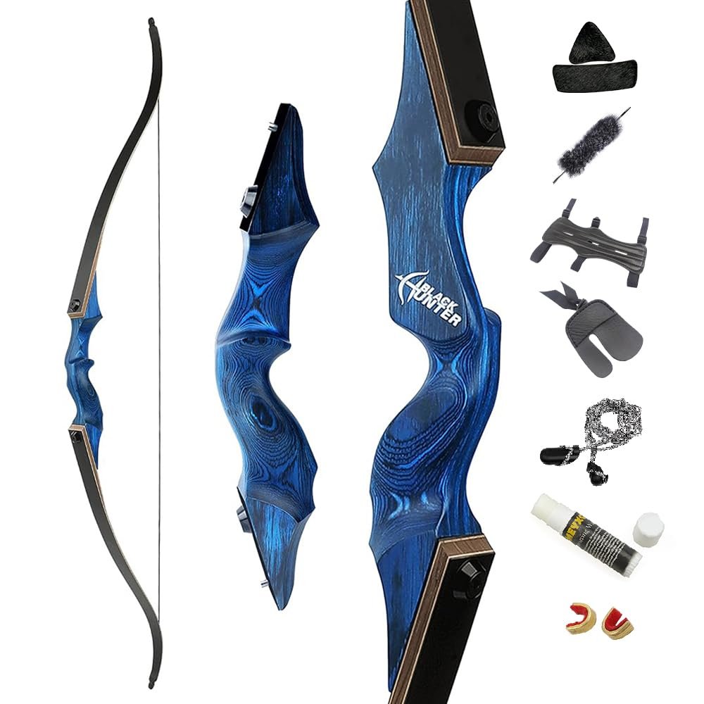 60 Inch Black Hunter Original Recurve Bow 20-60lbs Traditional Wood Longbow Right and Left Handed American Hunting Longbow for Outdoor Hunting Shooting (30 Lbs, Diamond Blue/Left Handed)