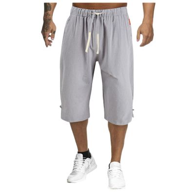 GOKKILRW Mens Linen Harem Capris Pants Summer Lightweight Loose Fit Elastic Waist Straight Leg Baggy Beach Yoga Cropped Pants(Grey,Large)