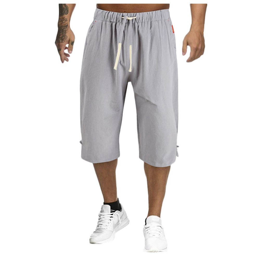 GOKKILRW Mens Linen Harem Capris Pants Summer Lightweight Loose Fit Elastic Waist Straight Leg Baggy Beach Yoga Cropped Pants(Grey,Large)
