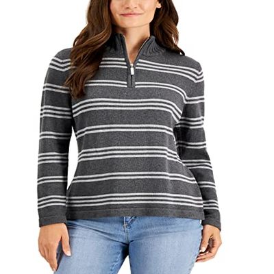 Karen S Donna Cotton Striped Quarter Zip Sweater Charcoal Heather XS