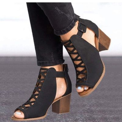 Dheva-C Women's Comfy Orthotic Sandals, Ultra-Comfy Breathable Chunky Heeled Sandals Ankle Strap Buckle Zipper Summer Fashion Pumps Sandals Cutout Office Party Dress Booties (a-Black, 9.5-10)