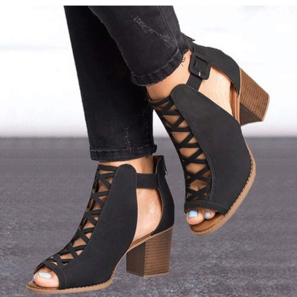 Dheva-C Women's Comfy Orthotic Sandals, Ultra-Comfy Breathable Chunky Heeled Sandals Ankle Strap Buckle Zipper Summer Fashion Pumps Sandals Cutout Office Party Dress Booties (a-Black, 9.5-10)