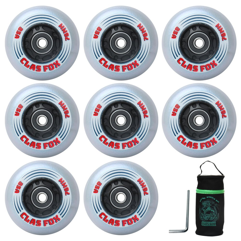 CLAS FOX Inline Skate Wheels With Wheels Bag 72MM/76MM 85A Shining Flash Inline Skate Replacement Wheels With Bearings ABEC-9 (8-Pack) (76MM)
