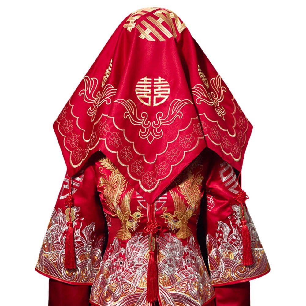AINIFU Chinese Red Embroidery Red Headscarves for Bridal Wedding 27.5 * 27.5 inch Lucky Bridal Veil