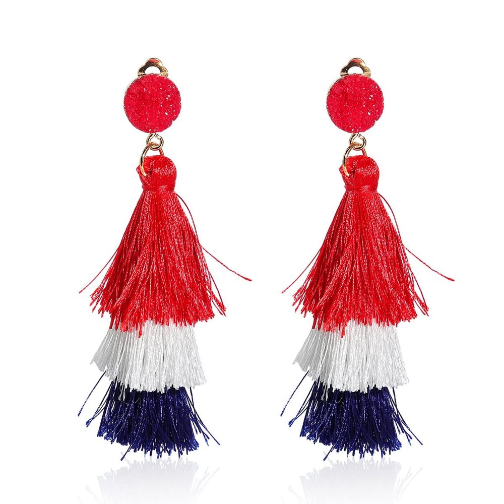 Boho Statement Tassel 4th of July Earrings for Women American Patriotic Clip On Drop Earring Feather Non Piercing Jewelry Holiday Vacation Beach Memorial Day Gifts (RedWhite and Blue)