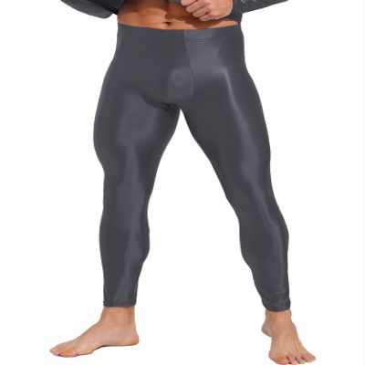 Oyolan Men's 8D Oil Shiny Nylon Long Tights Pants High Elastic Smooth Workout Compression Leggings Dark Grey X-Large