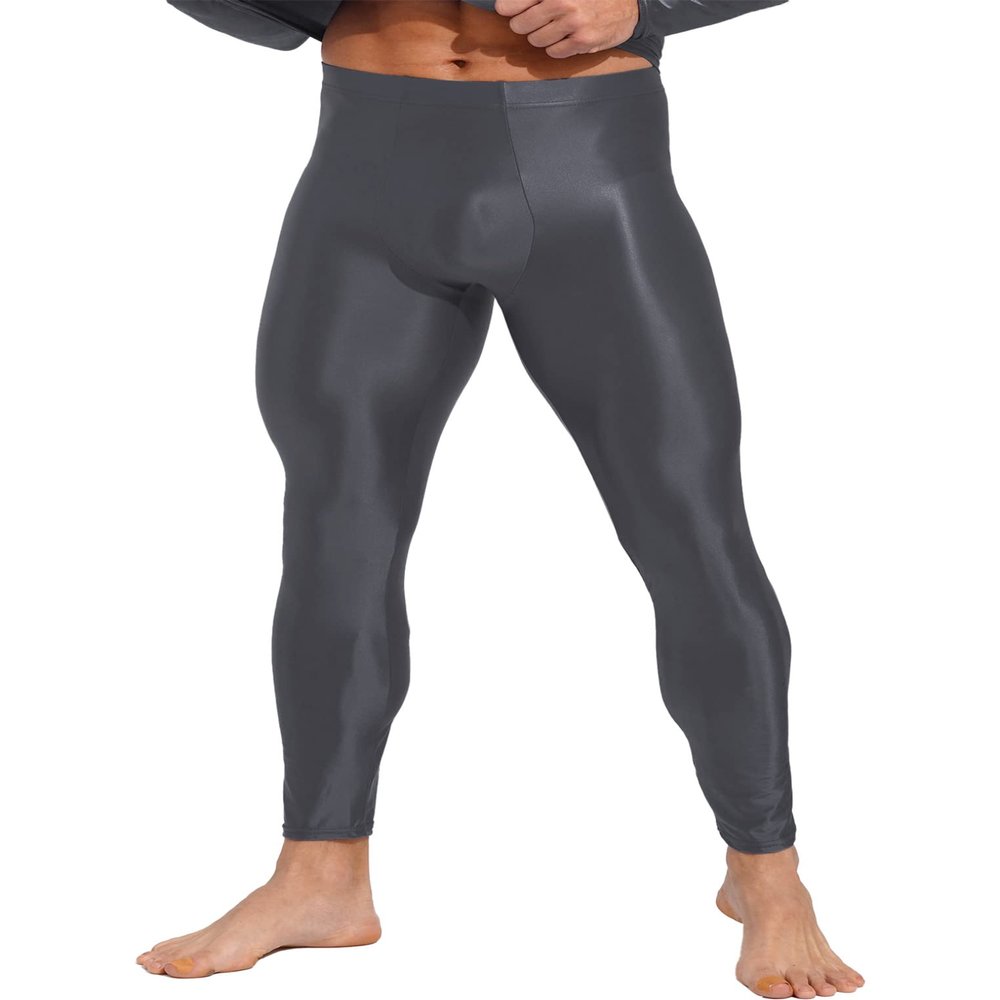 Oyolan Men's 8D Oil Shiny Nylon Long Tights Pants High Elastic Smooth Workout Compression Leggings Dark Grey X-Large