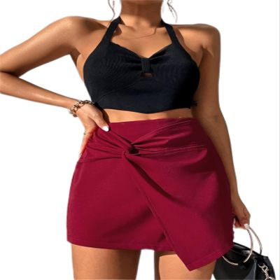 ABOUD Women's Shorts Twist Front Solid Skort (Color : Burgundy, Size : X-Large)