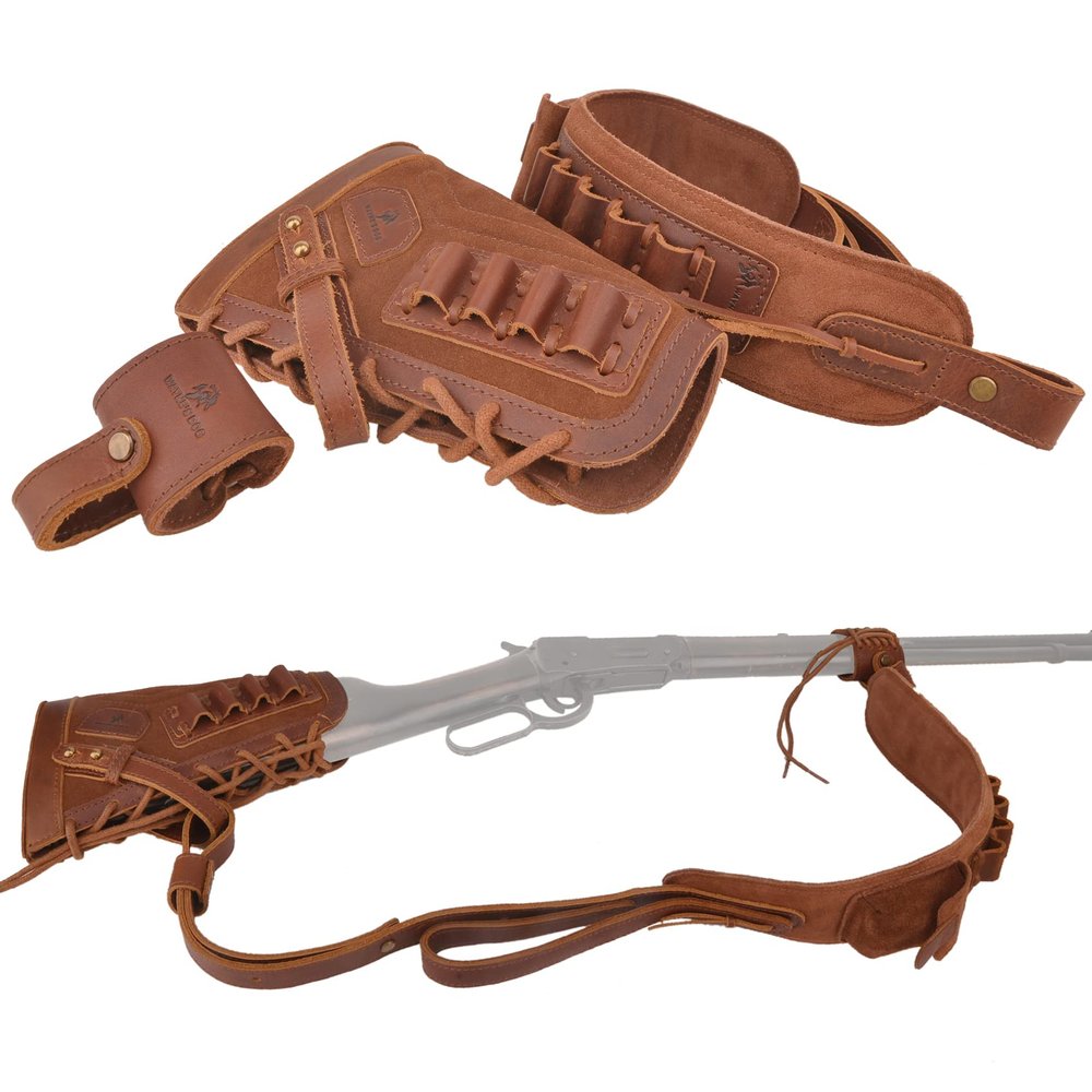 Leather Cartridge Sling with Buttstock Ammo Holder for Rifles .30-06, .45-70, .308, 410GA (No Drill-Brown Suit)