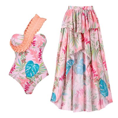Women Ruffle V Neck Bathing Suit with Swim Skirts Cover Ups Two Piece Sexy Floral Printed Swimsuit with Skirt Swimwear Self-tie Straps Bikini Monokini Coverup Swim Wear Suit Pink One Shoulder S