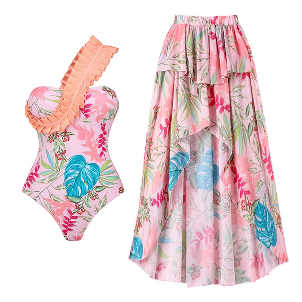 Women Ruffle V Neck Bathing Suit with Swim Skirts Cover Ups Two Piece Sexy Floral Printed Swimsuit with Skirt Swimwear Self-tie Straps Bikini Monokini Coverup Swim Wear Suit Pink One Shoulder S