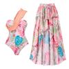 Women Ruffle V Neck Bathing Suit with Swim Skirts Cover Ups Two Piece Sexy Floral Printed Swimsuit with Skirt Swimwear Self-tie Straps Bikini Monokini Coverup Swim Wear Suit Pink One Shoulder S view 1