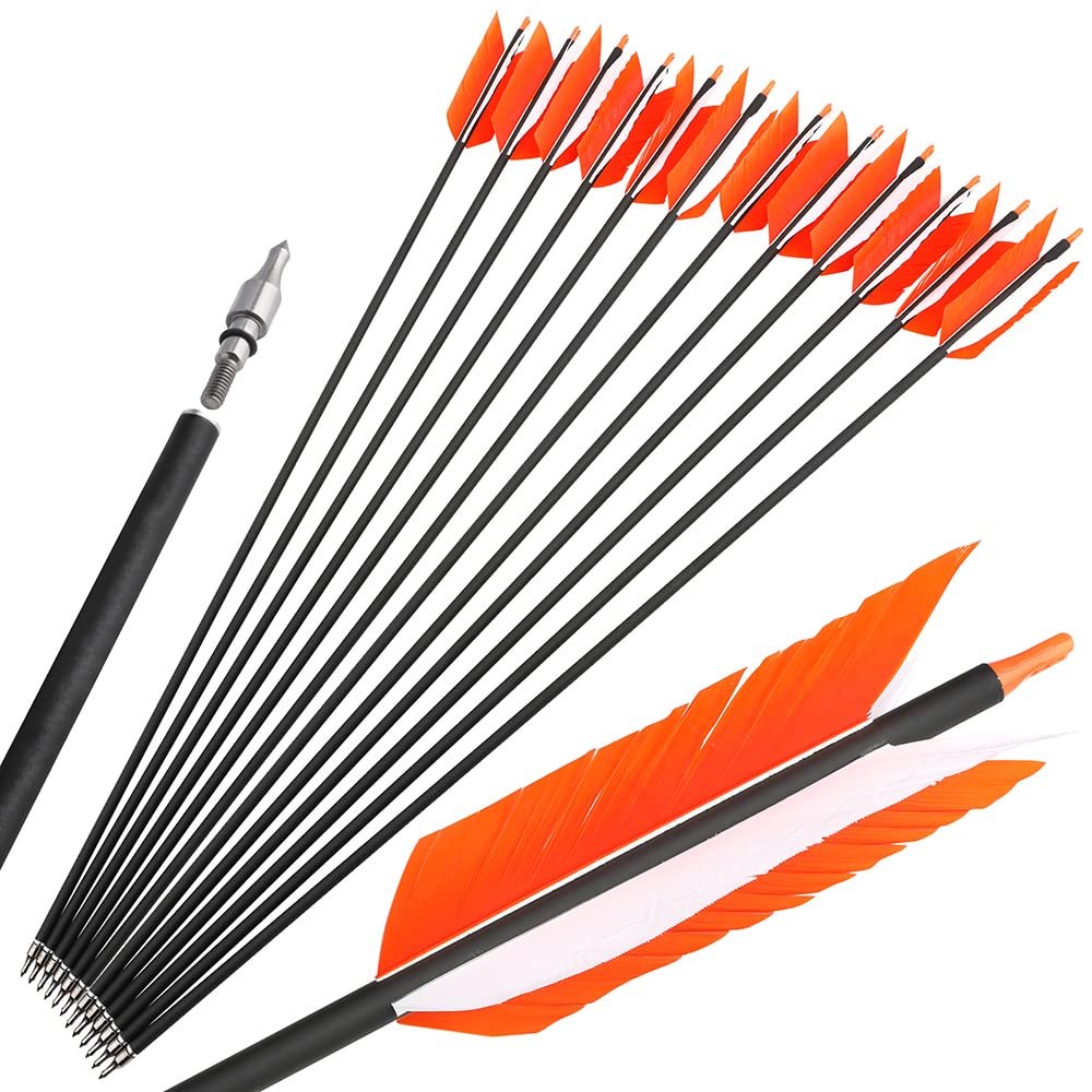 AMEYXGS 6/12 Pcs 30 Inch Archery Carbon Arrows Target Practice Flu Flu Arrows Spine 500 Small Game Arrows 4 Feathers Fletching with 100 Grain Judo Arrowheads for Practice Targeting
