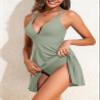 Aleumdr Swim Dress Womens Swimsuits One Piece Tummy Control Skirted Bathing Suits Modest Tankini Swimwear V Neck Ribbed Swim Suit for Women 2025 Green view 2