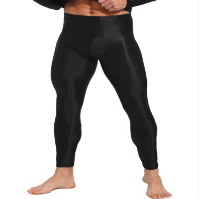 Jhaoyu Men Shiny Workout Yoga Leggings Stretch Compression Pants Base Layer Running Tights Black Medium