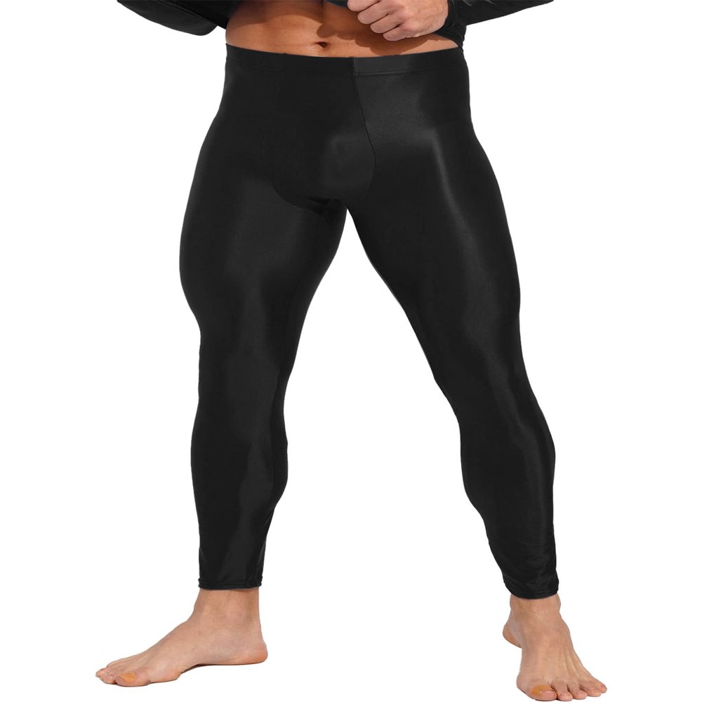 Jhaoyu Men Shiny Workout Yoga Leggings Stretch Compression Pants Base Layer Running Tights Black Medium