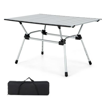 Giantex Folding Camping Table, Heavy-Duty Outdoor Folding Table w/Carry Bag, Roll-up Tabletop, 4-Level Adjustable Height, Lightweight & Portable Aluminum Camp Table for Picnic, Travel, BBQ (Silver)
