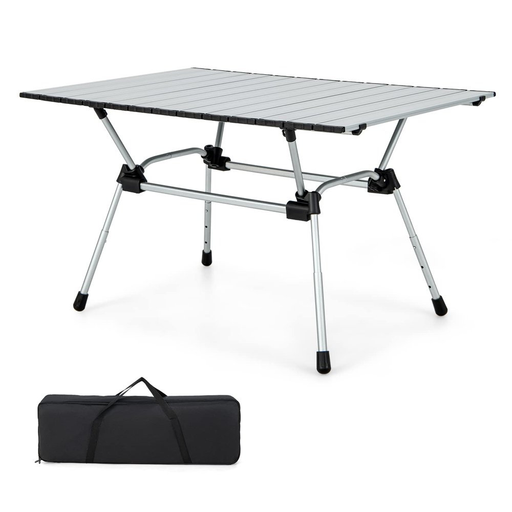 Giantex Folding Camping Table, Heavy-Duty Outdoor Folding Table w/Carry Bag, Roll-up Tabletop, 4-Level Adjustable Height, Lightweight & Portable Aluminum Camp Table for Picnic, Travel, BBQ (Silver)