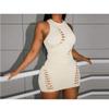 Bestgift Women's Tops Round Neck Sleeveless Halterneck Dress Set Solid Color Hollow Apricot M view 3