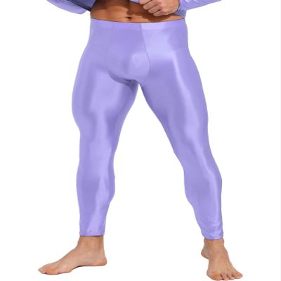 Alvivi Men's Glossy Smooth Compression Pants Sports Workout Running Tights Athletic Leggings Light Purple Medium