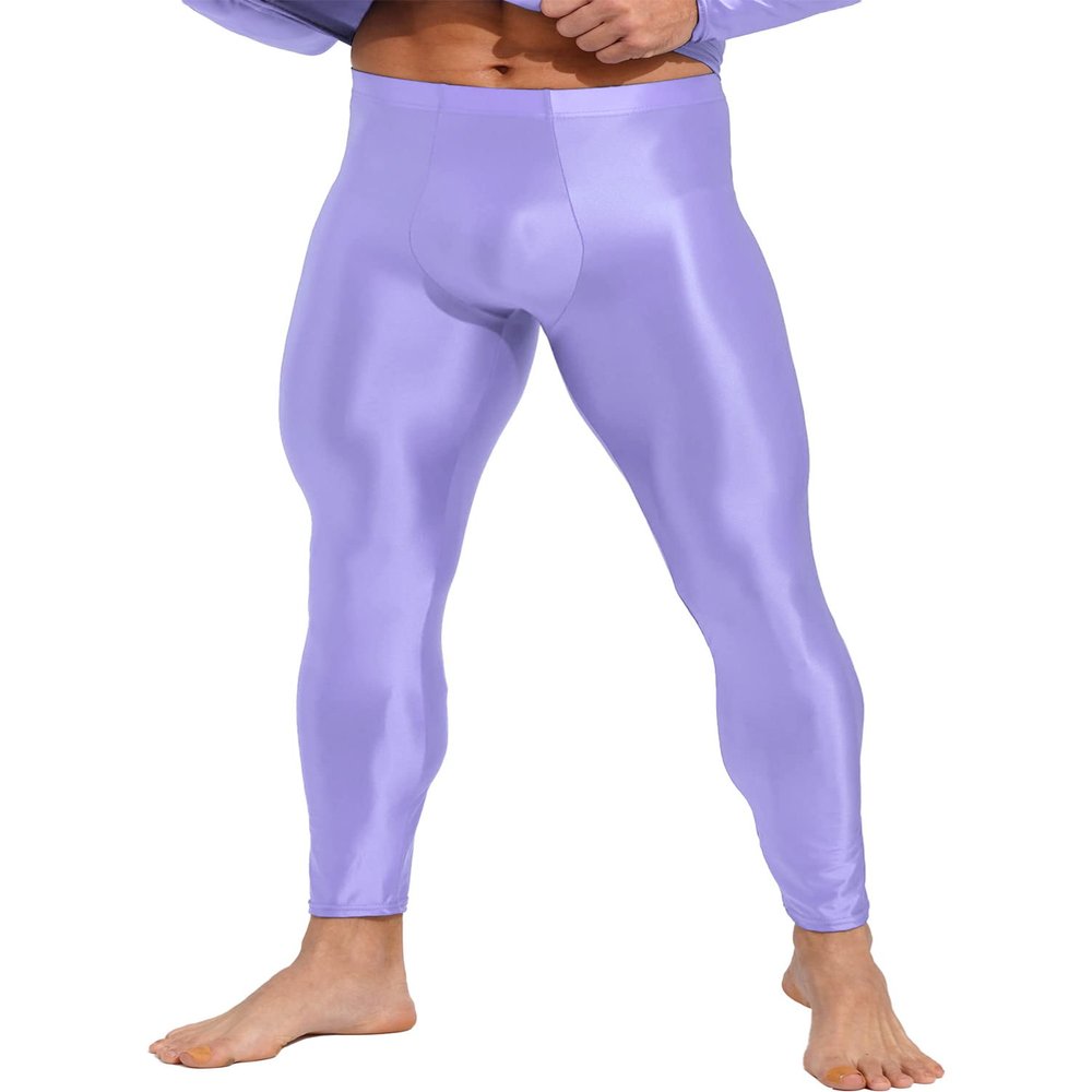 Alvivi Men's Glossy Smooth Compression Pants Sports Workout Running Tights Athletic Leggings Light Purple Medium