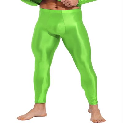 Alvivi Men's Glossy Smooth Compression Pants Sports Workout Running Tights Athletic Leggings Fluorescent Green Large