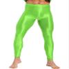 Alvivi Men's Glossy Smooth Compression Pants Sports Workout Running Tights Athletic Leggings Fluorescent Green Large view 2