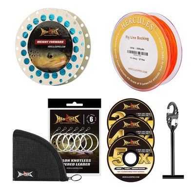 HERCULES Fly Fishing Line, Fly Line Backing, Tippet 3 Pack with Fly Tippet Holder, Leader 6 Pack with Tapered Leader Wallet Combo