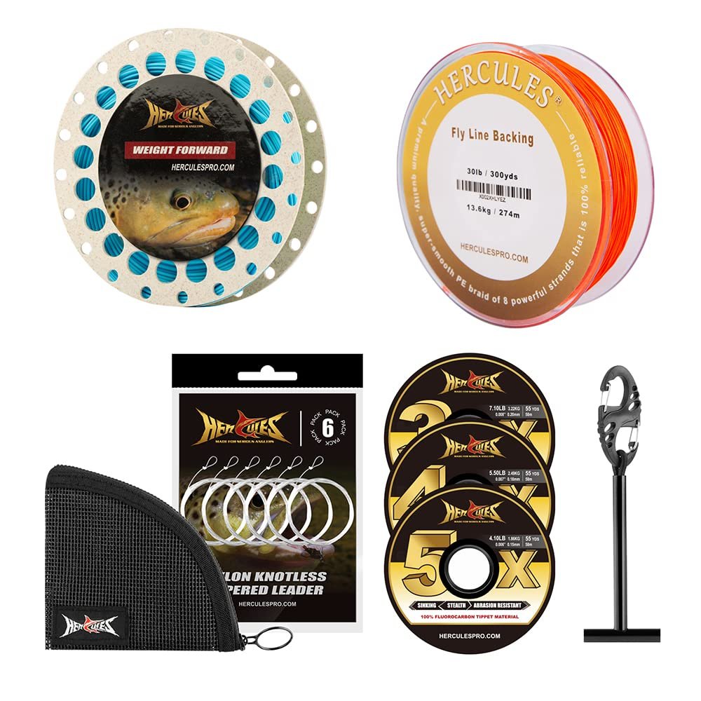 HERCULES Fly Fishing Line, Fly Line Backing, Tippet 3 Pack with Fly Tippet Holder, Leader 6 Pack with Tapered Leader Wallet Combo