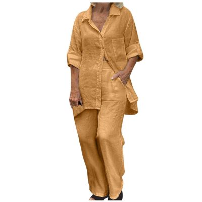 Womens 2 Piece Cotton Linen Beach Outfits Plus Size Button Down Blouses and Long Pants Suits Dressy Business Work Set Khaki