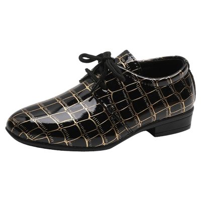 Fashion Boys Modern Dance Shoes Prom Ballroom Latin Dance Shoes Leather Lace Up Dance Performance Shoes for Kids (Black, 4 Big Kids)