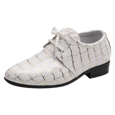 Fashion Boys Modern Dance Shoes Prom Ballroom Latin Dance Shoes Leather Lace Up Dance Performance Shoes for Kids (White, 3 Big Kids)