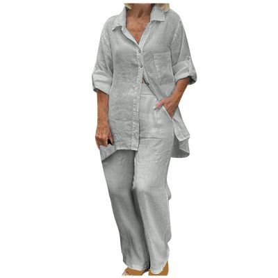 2 Piece Cotton Linen Button Shirts and Long Pants Suits Women Summer Dressy Work Office Suits Soft Comfy Outfits Gray