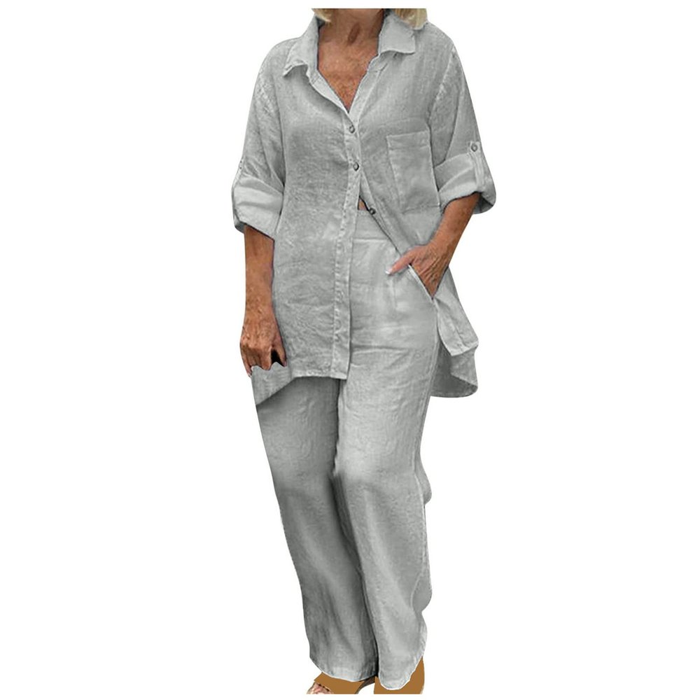 2 Piece Cotton Linen Button Shirts and Long Pants Suits Women Summer Dressy Work Office Suits Soft Comfy Outfits Gray