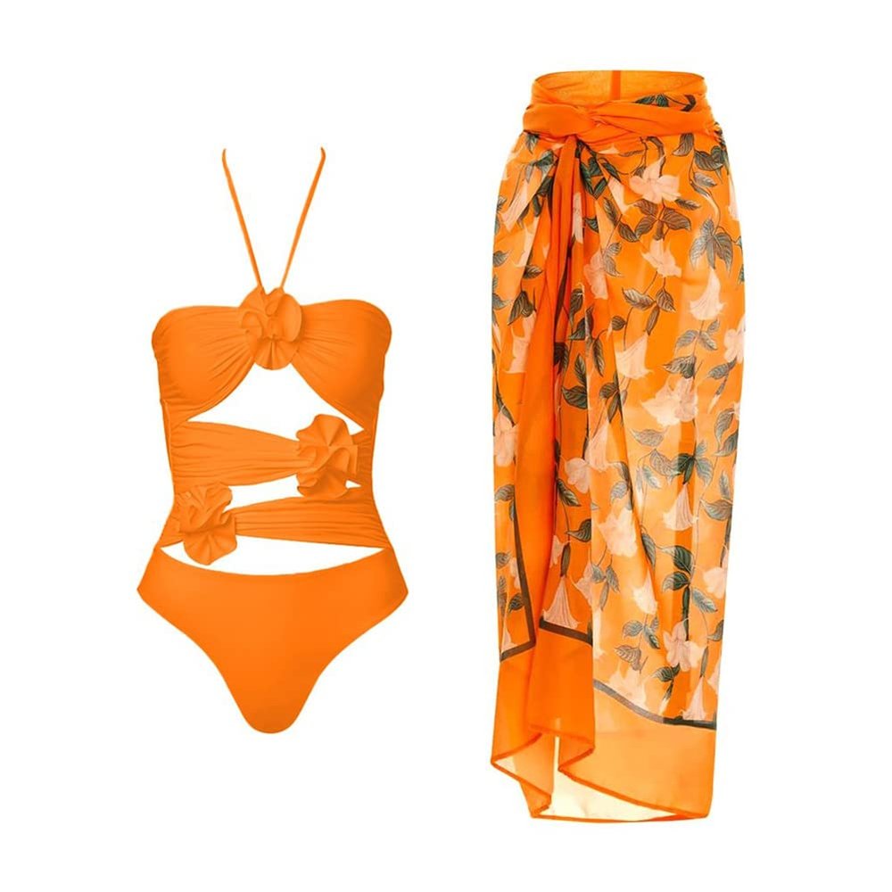 ABOCIW Women One Piece Swimsuit with Swimsuit Cover Ups Skirt Sexy Bikini Sets Floral Print Halter Push Up Monokini Bathing Suit Tummy Control Tankini Set 2 Piece Swimsuit Outfit Orange Halter L