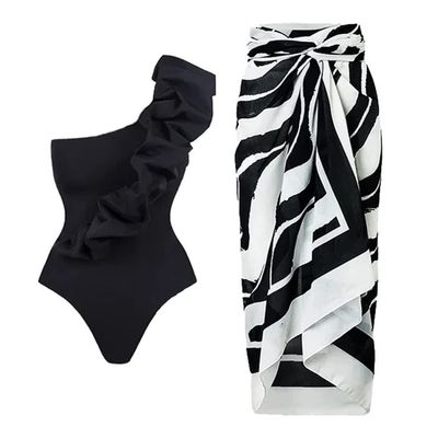 ABOCIW One Piece Swimsuit for Women with Swimsuit Cover Ups Skirt Sets Sexy One Shoulder Tummy Control Bathing Suits High Cut Push Up Tankini Two Pieces Swimsuit Monokini Swimwear Black S